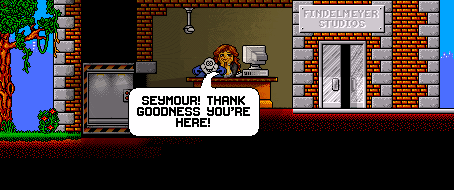 Receptionist greeting Seymour at the studio entrance.